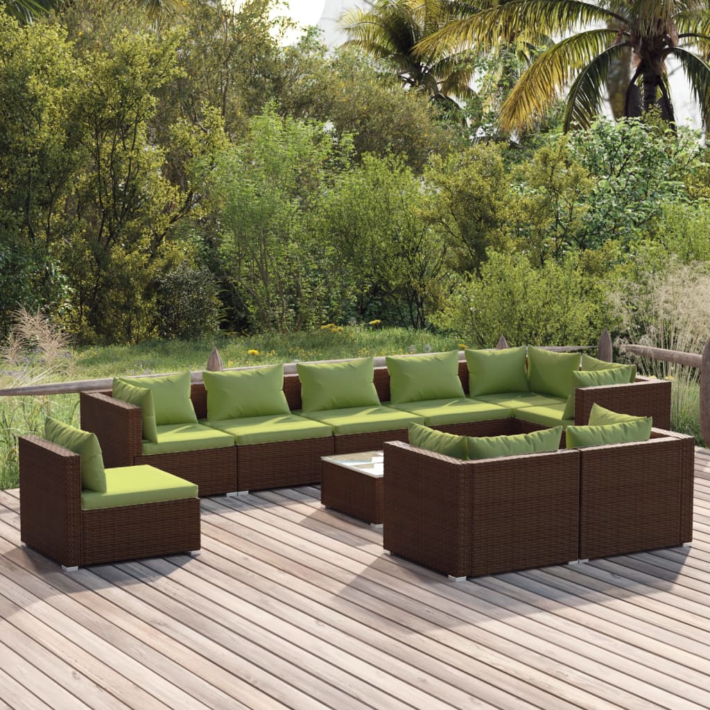 Vetonek Set muebles de jardín 10 pzas y cojines ratán sintético marrón