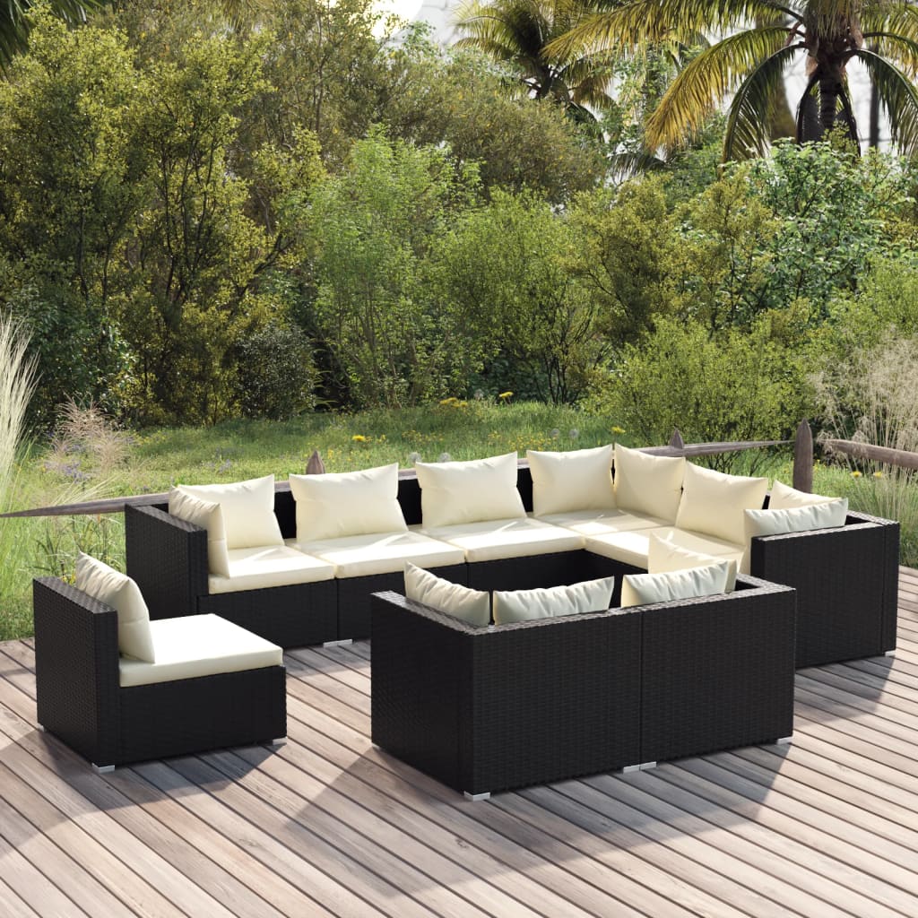 Vetonek Set de muebles de jardín 9 pzas y cojines ratán sintético negro