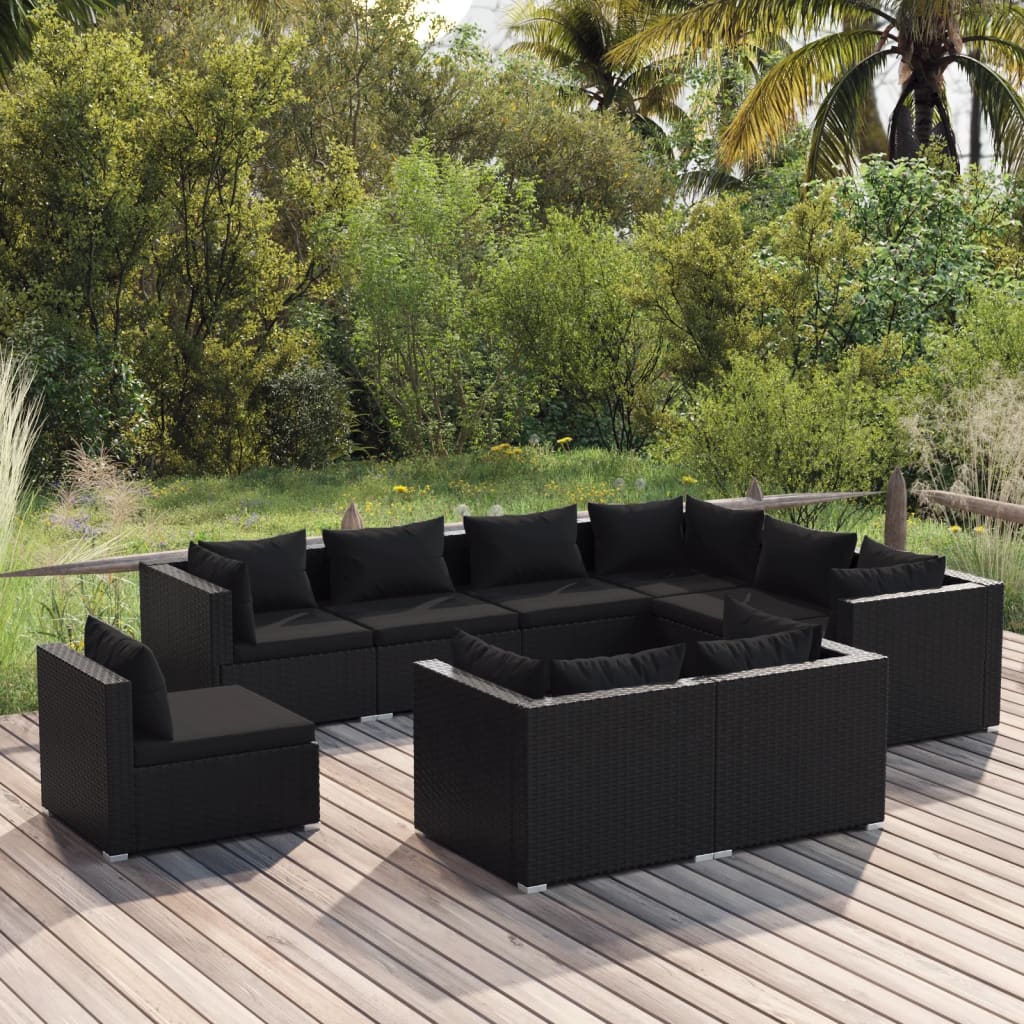 Set de muebles de jardín 9 pzas y cojines ratán sintético negro v3446 Vetonek
