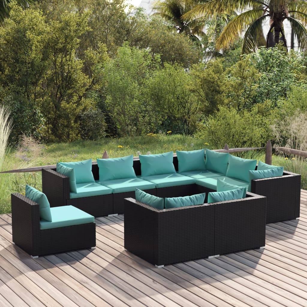 Vetonek Set de muebles de jardín 9 pzas y cojines ratán sintético negro