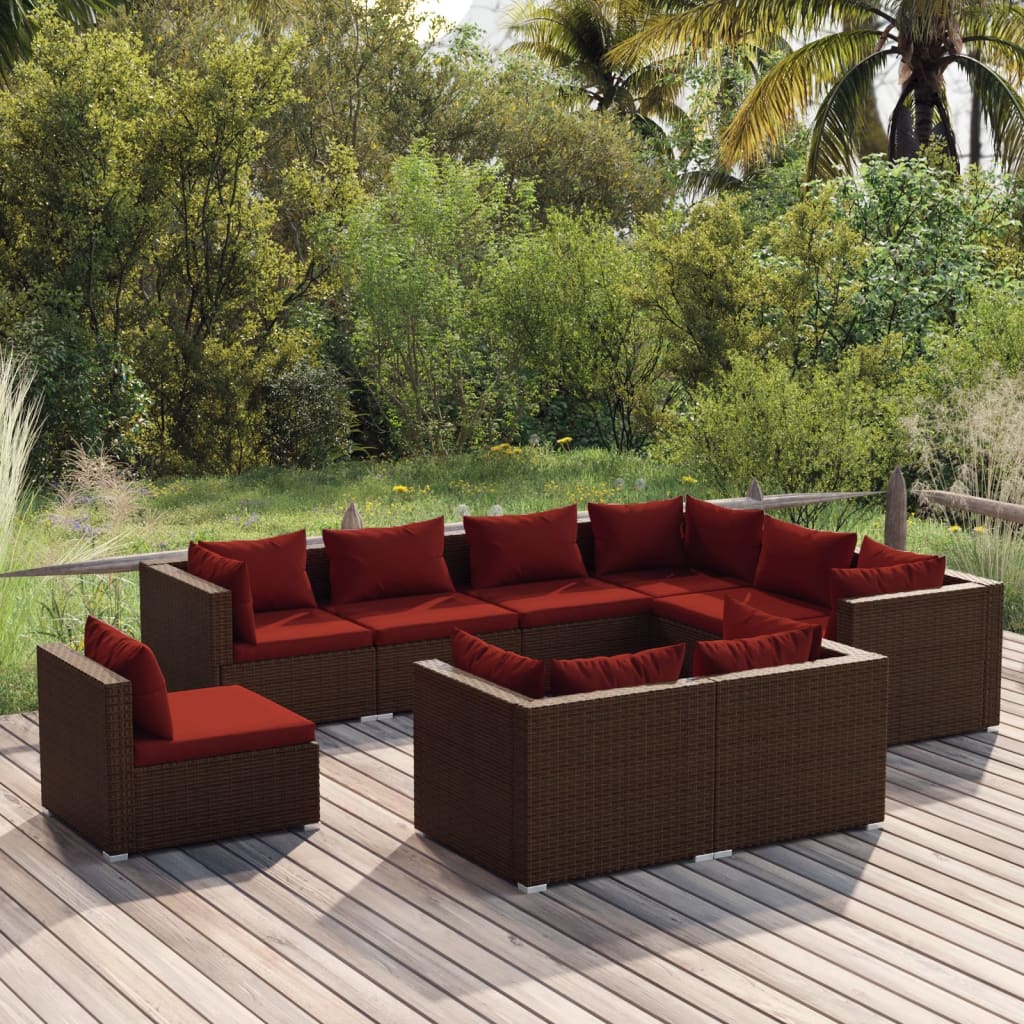 Vetonek Set muebles de jardín 9 piezas y cojines ratán sintético marrón