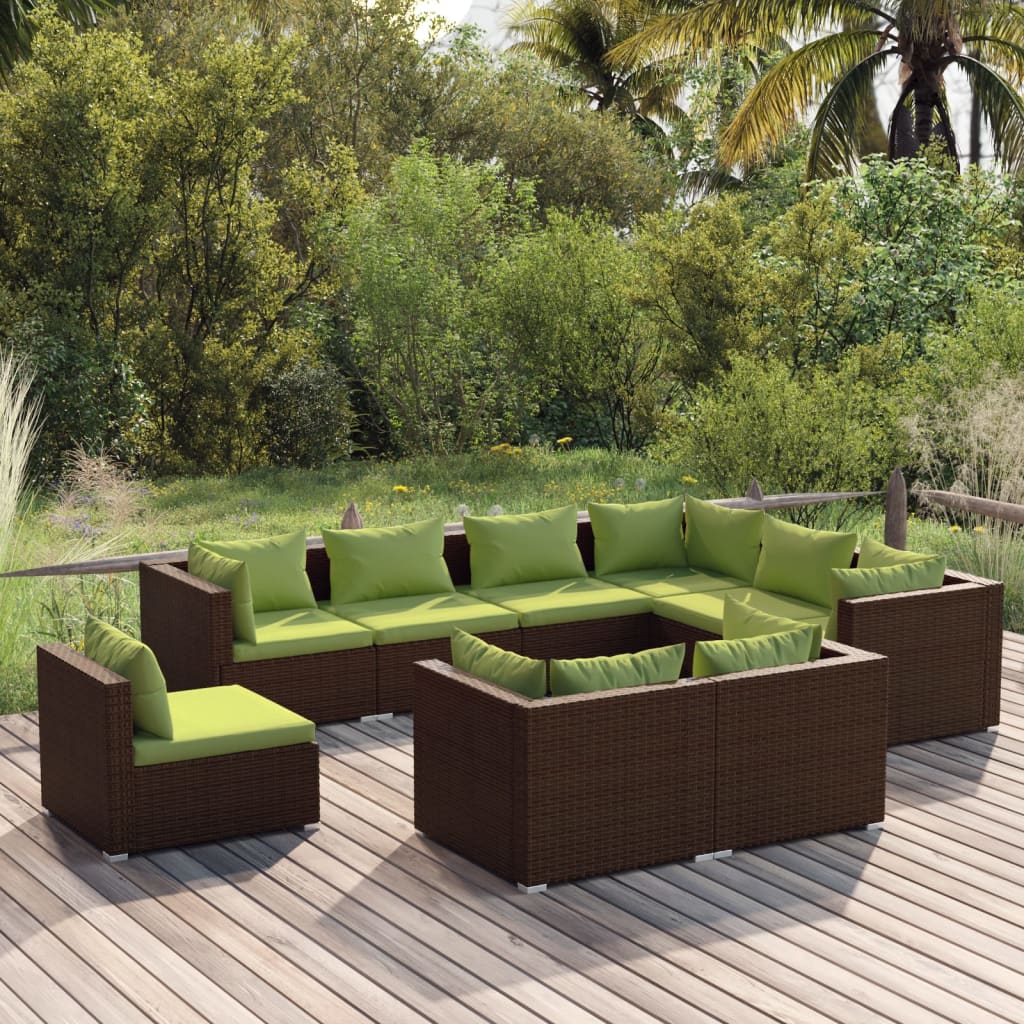 Vetonek Set muebles de jardín 9 piezas y cojines ratán sintético marrón