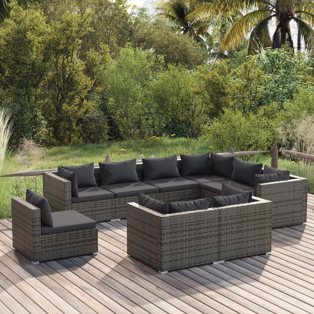 Vetonek Set de muebles de jardín 9 pzas y cojines ratán sintético gris