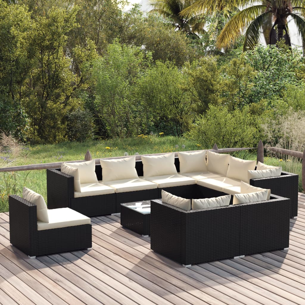 Vetonek Set de muebles de jardín 10 pzs y cojines ratán sintético negro