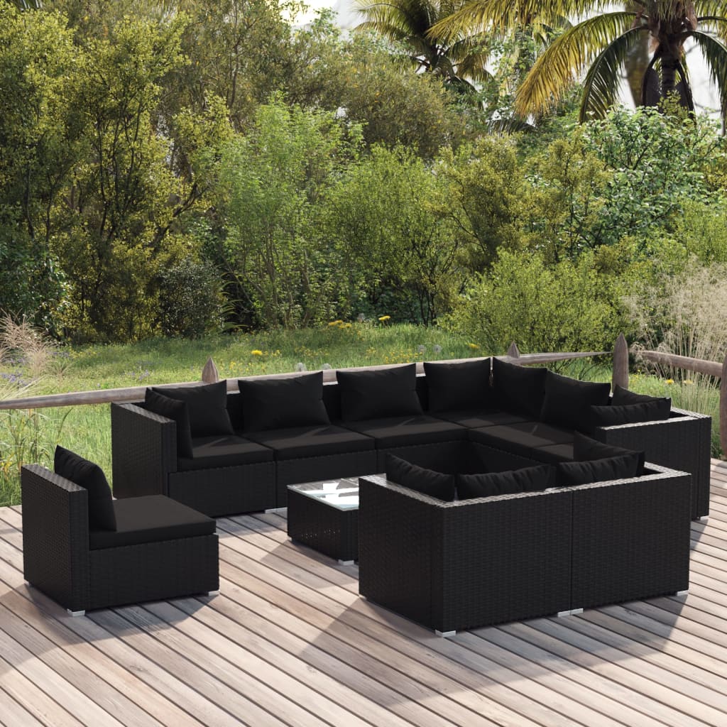 Vetonek Set de muebles de jardín 10 pzs y cojines ratán sintético negro