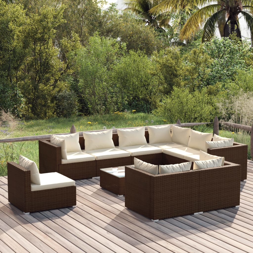 Vetonek Set muebles de jardín 10 pzas y cojines ratán sintético marrón