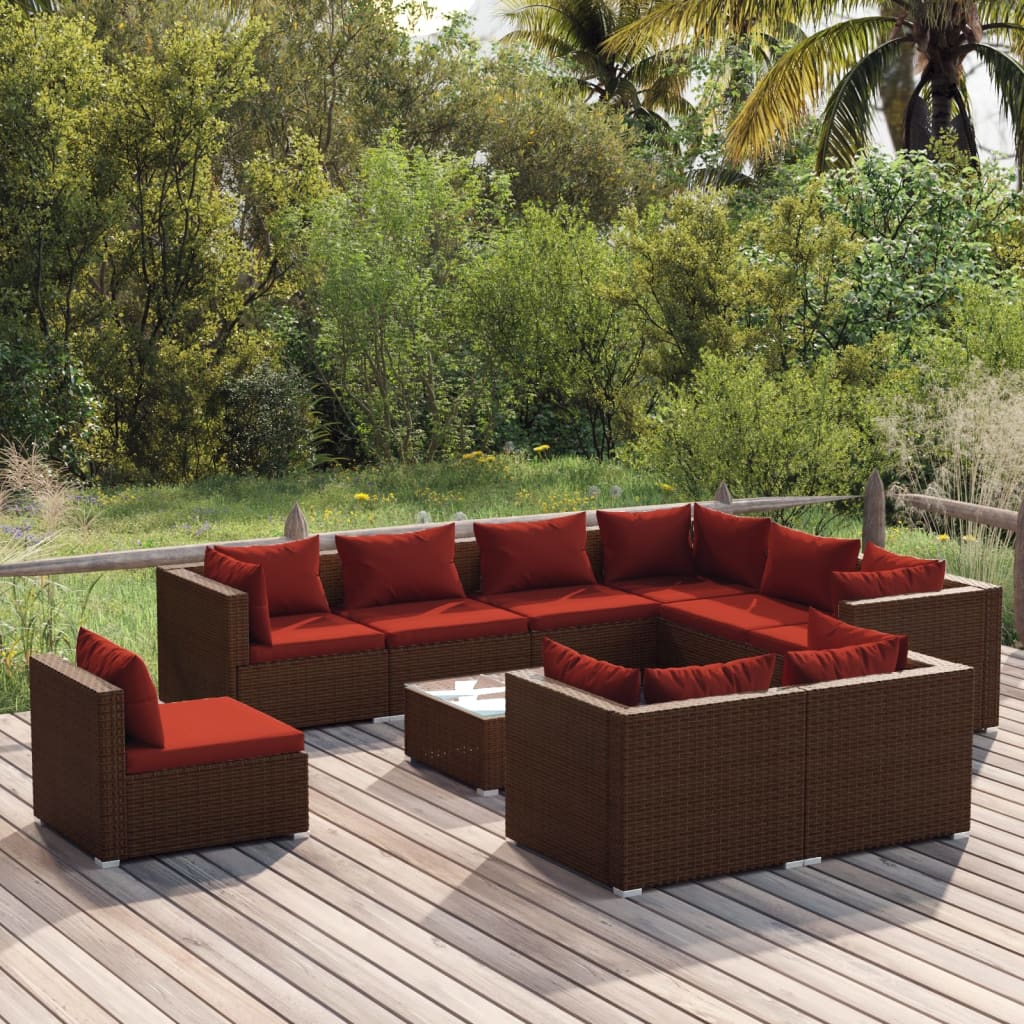 Vetonek Set muebles de jardín 10 pzas y cojines ratán sintético marrón