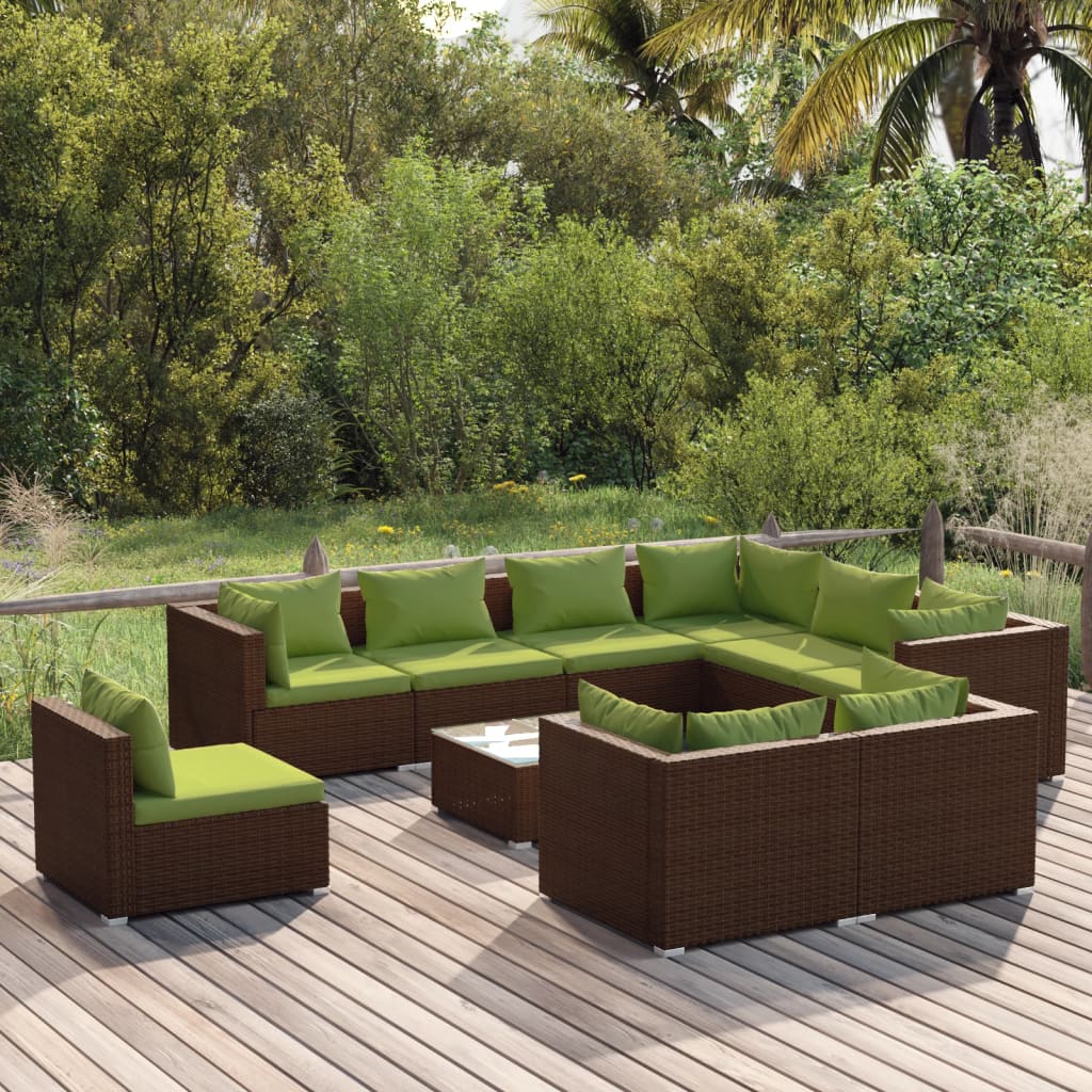 Vetonek Set muebles de jardín 10 pzas y cojines ratán sintético marrón