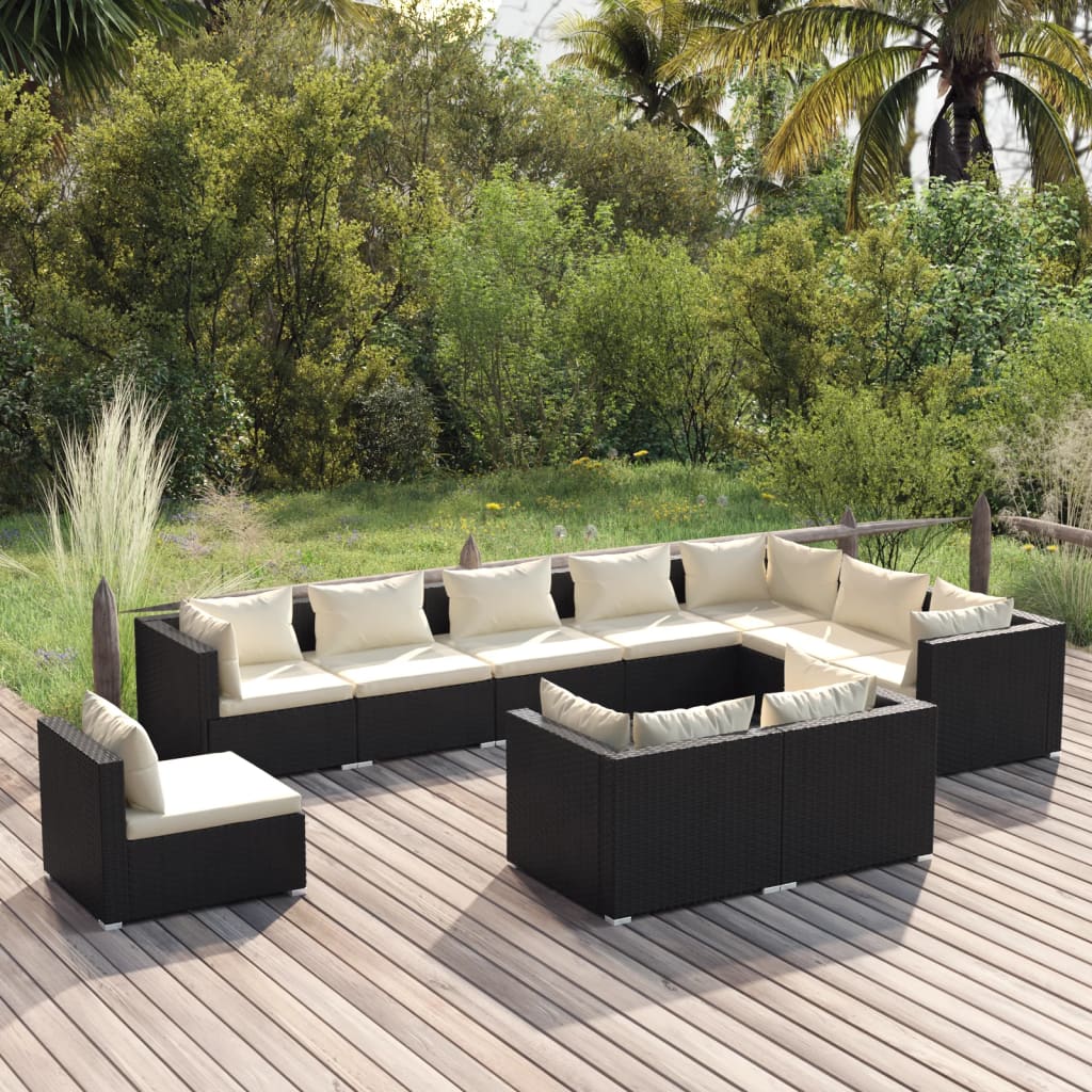 Vetonek Set de muebles de jardín 10 pzs y cojines ratán sintético negro