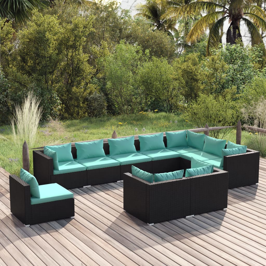 Vetonek Set de muebles de jardín 10 pzs y cojines ratán sintético negro