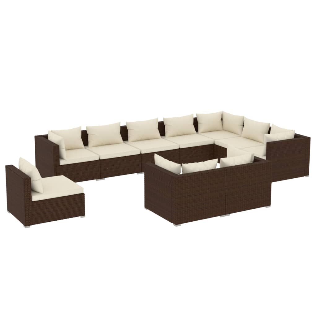 Set muebles de jardín 10 pzas y cojines ratán sintético marrón