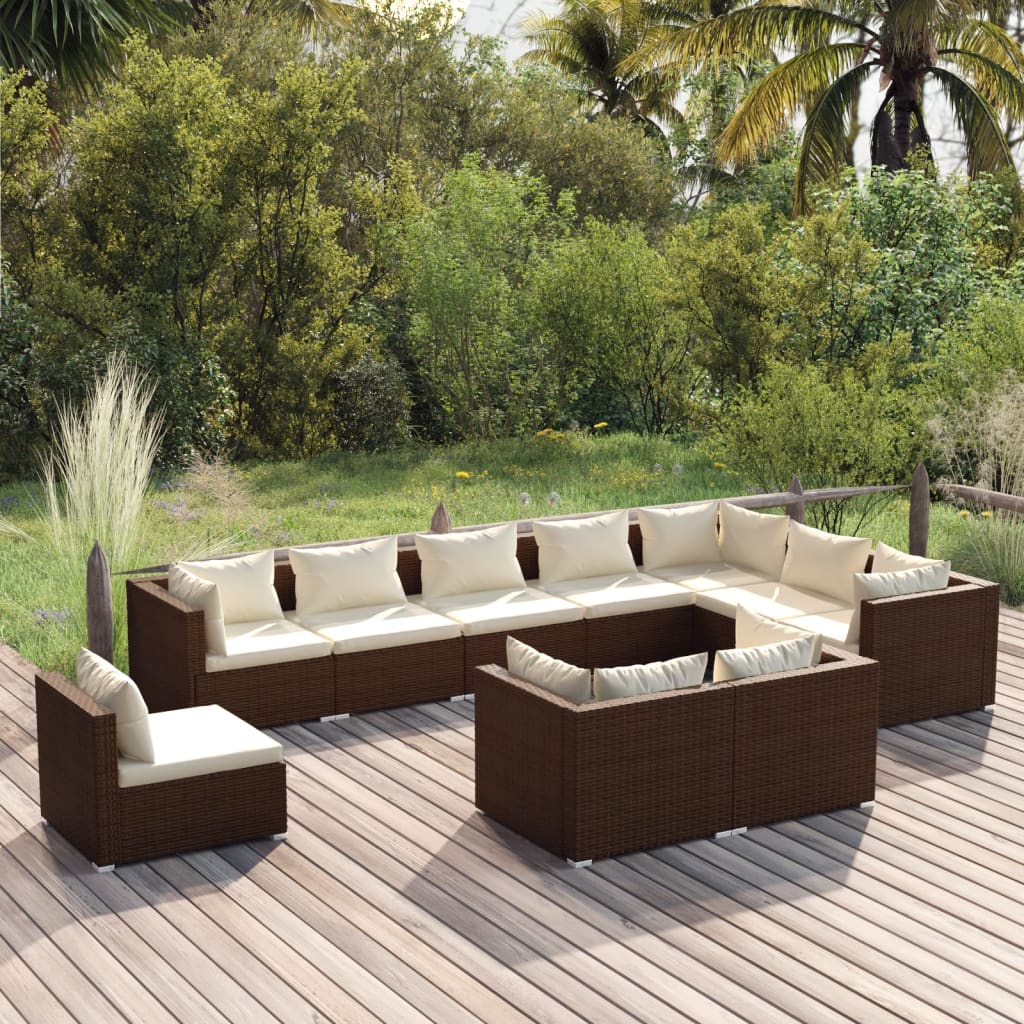 Vetonek Set muebles de jardín 10 pzas y cojines ratán sintético marrón