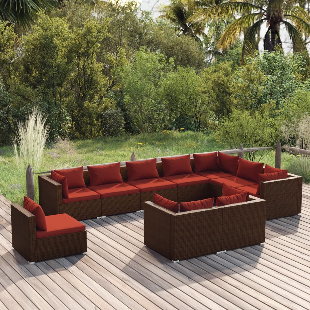 Vetonek Set muebles de jardín 10 pzas y cojines ratán sintético marrón