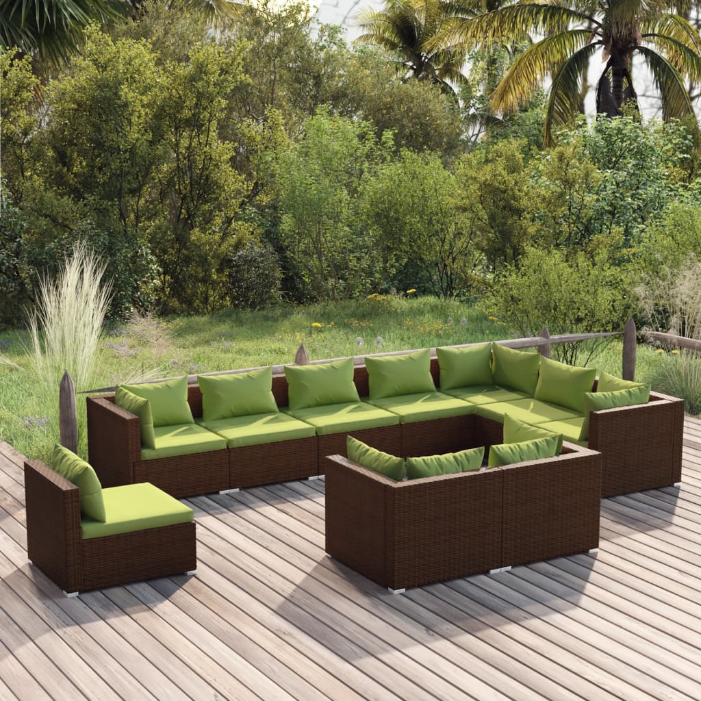 Vetonek Set muebles de jardín 10 pzas y cojines ratán sintético marrón