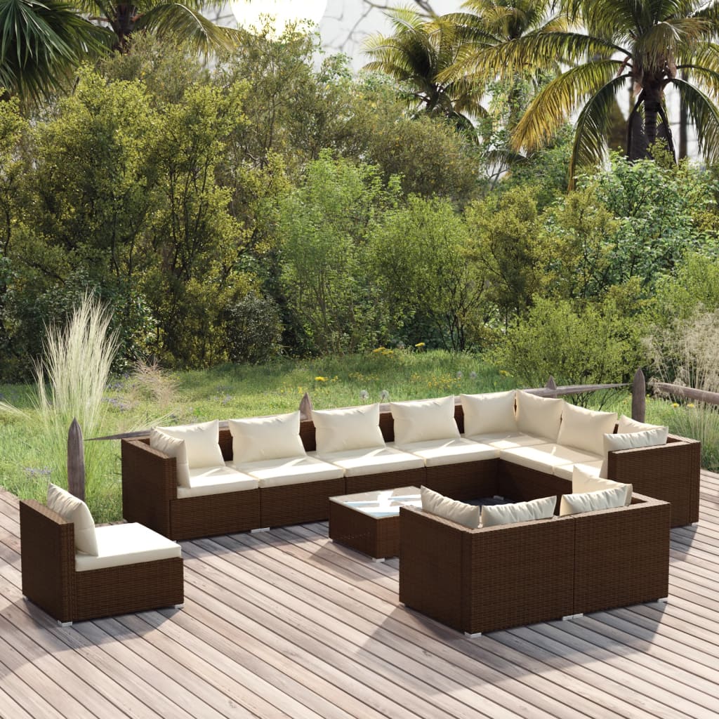 Vetonek Set muebles de jardín 11 pzas y cojines ratán sintético marrón