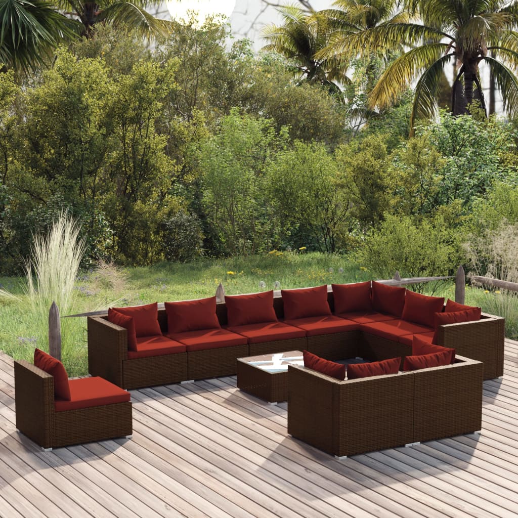 Vetonek Set muebles de jardín 11 pzas y cojines ratán sintético marrón