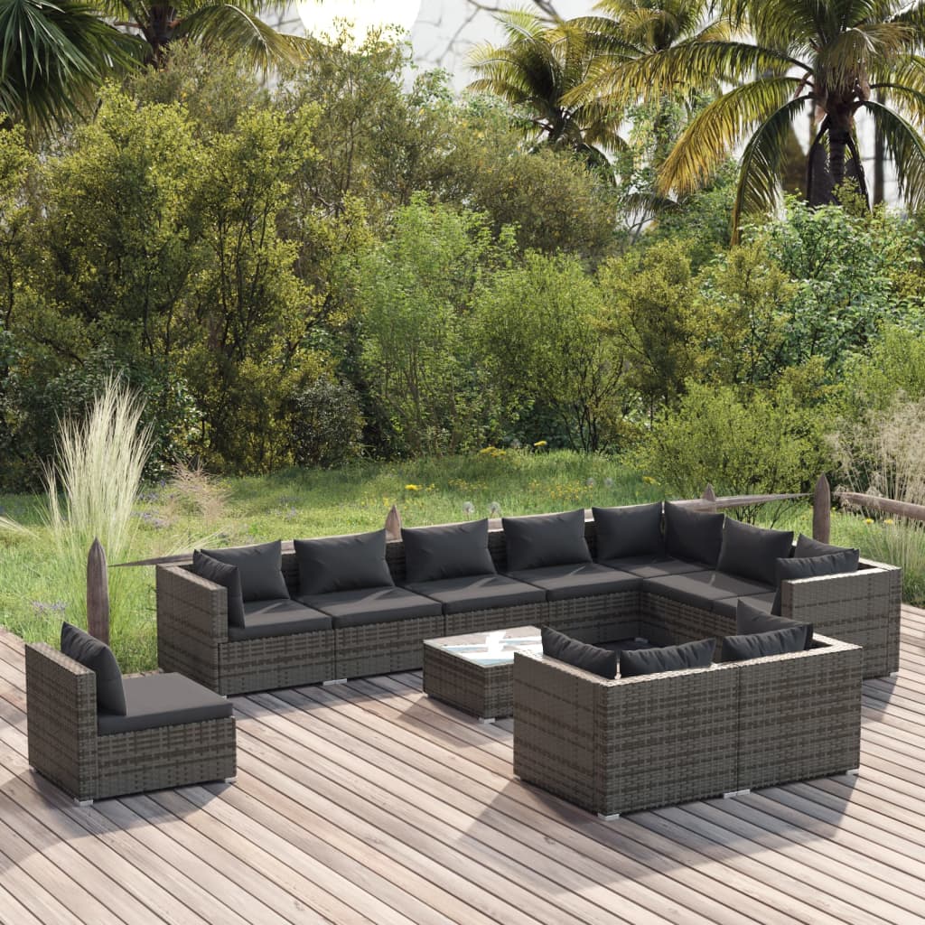 Vetonek Set de muebles de jardín 11 pzas y cojines ratán sintético gris