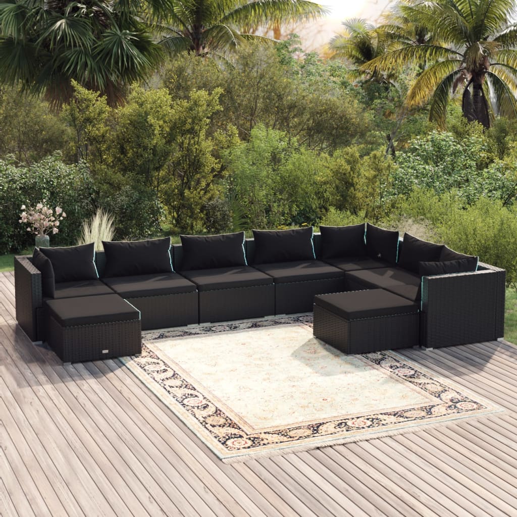 Vetonek Set de muebles de jardín 9 pzas y cojines ratán sintético negro