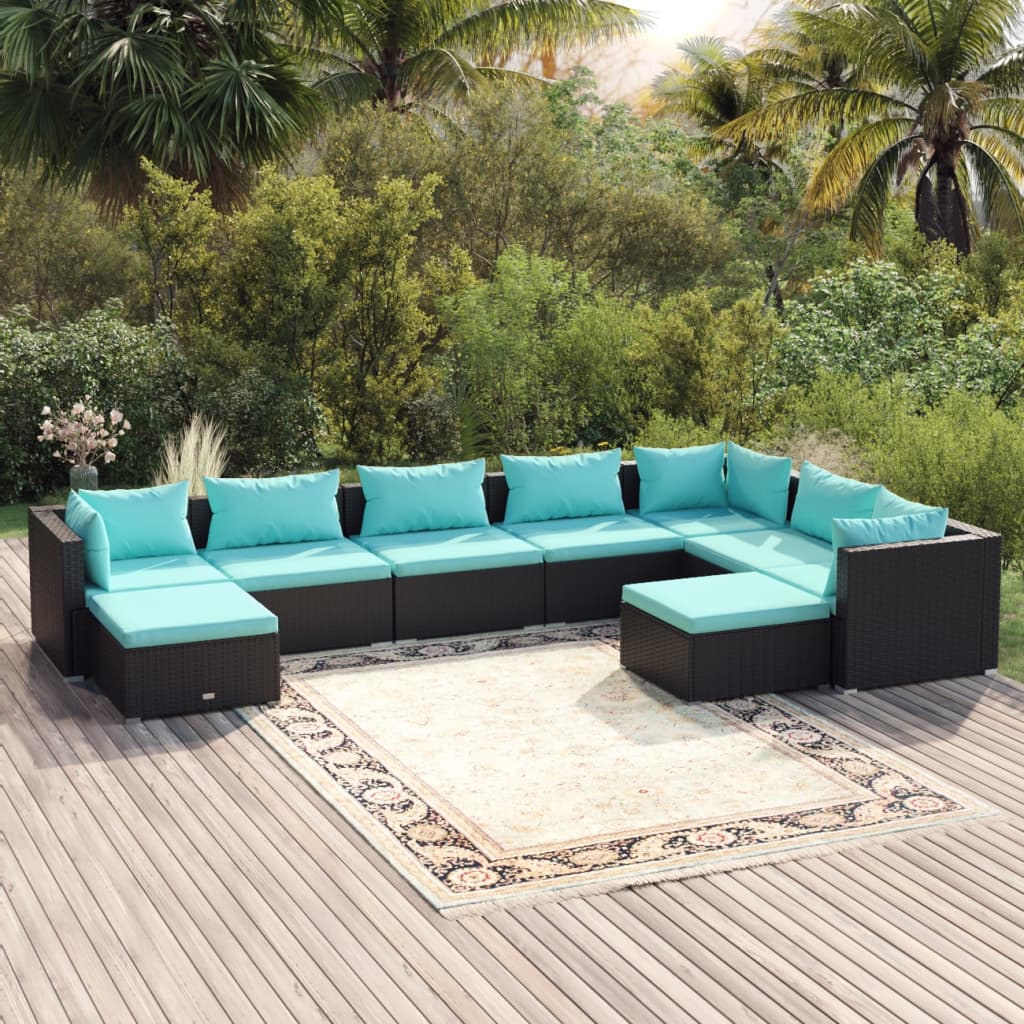 Set de muebles de jardín 9 pzas y cojines ratán sintético negro v3774 Vetonek