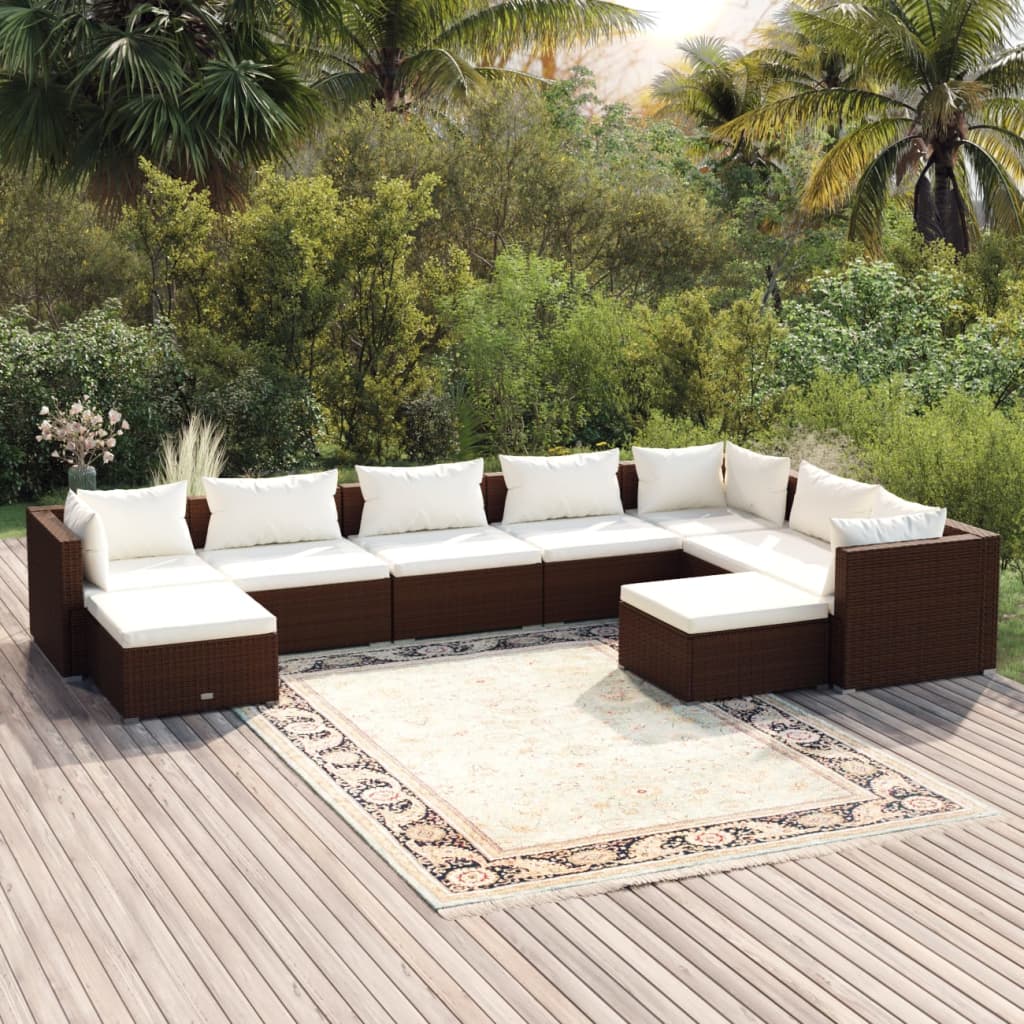 Vetonek Set muebles de jardín 9 piezas y cojines ratán sintético marrón