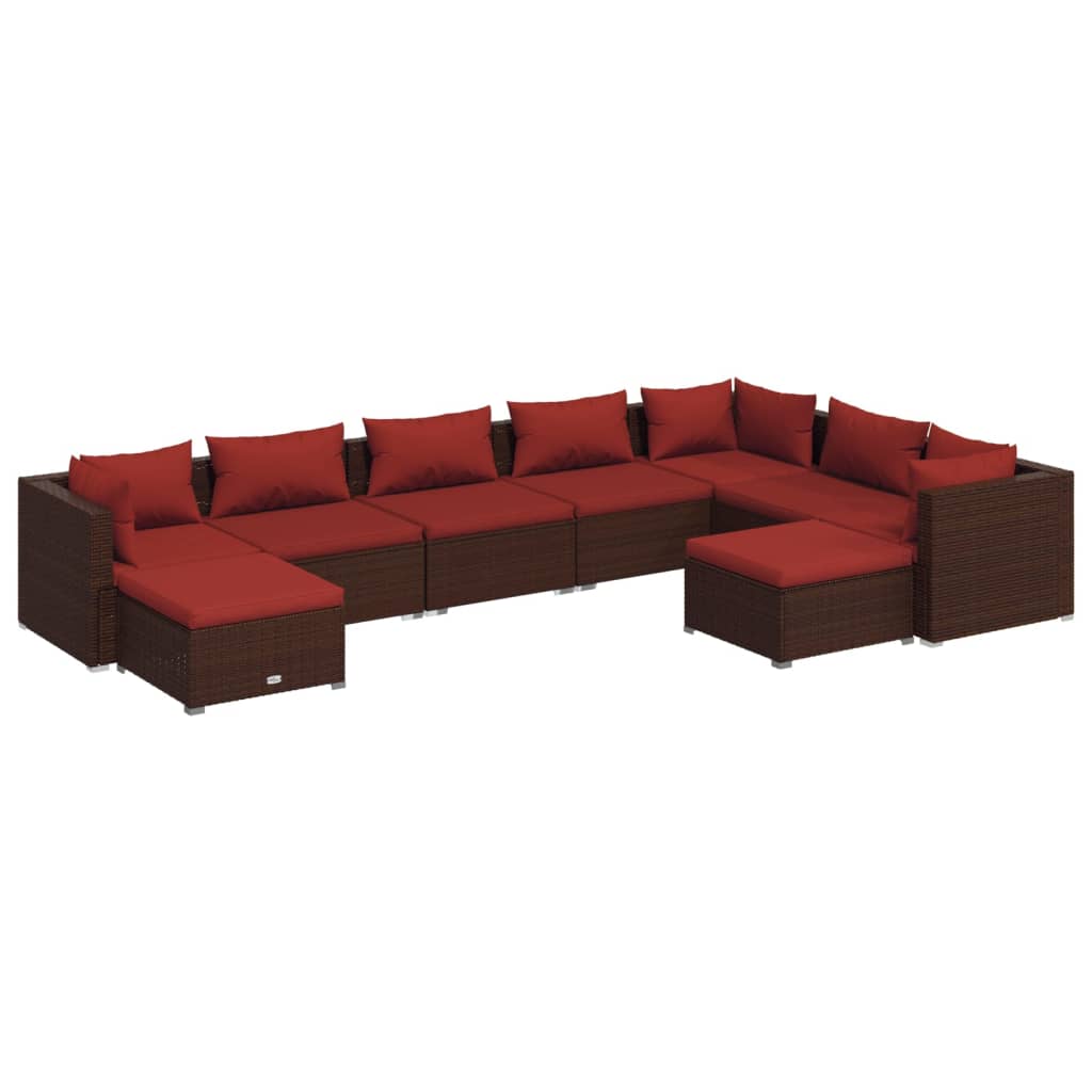 Set muebles de jardín 9 piezas y cojines ratán sintético marrón