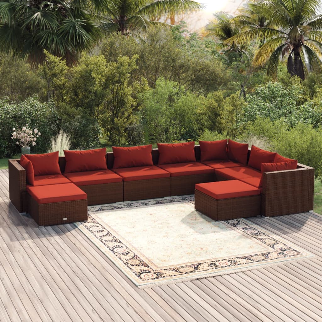 Set muebles de jardín 9 piezas y cojines ratán sintético marrón