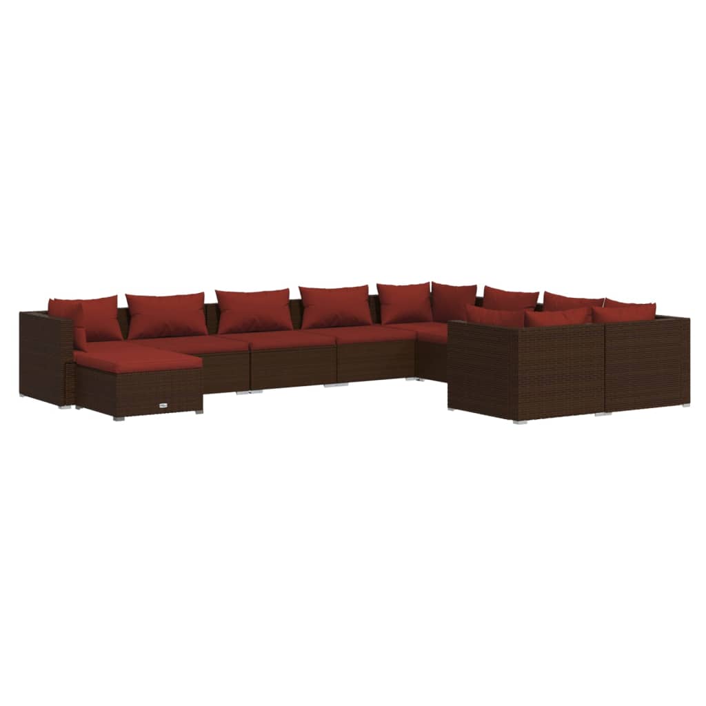 Set muebles de jardín 10 pzas y cojines ratán sintético marrón