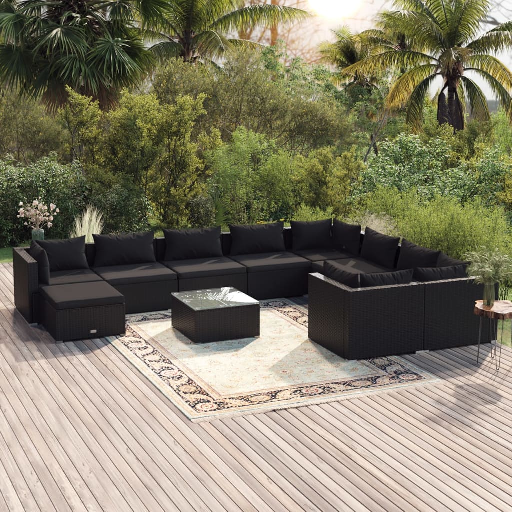 Vetonek Set de muebles de jardín 11 pzas cojines ratán sintético negro