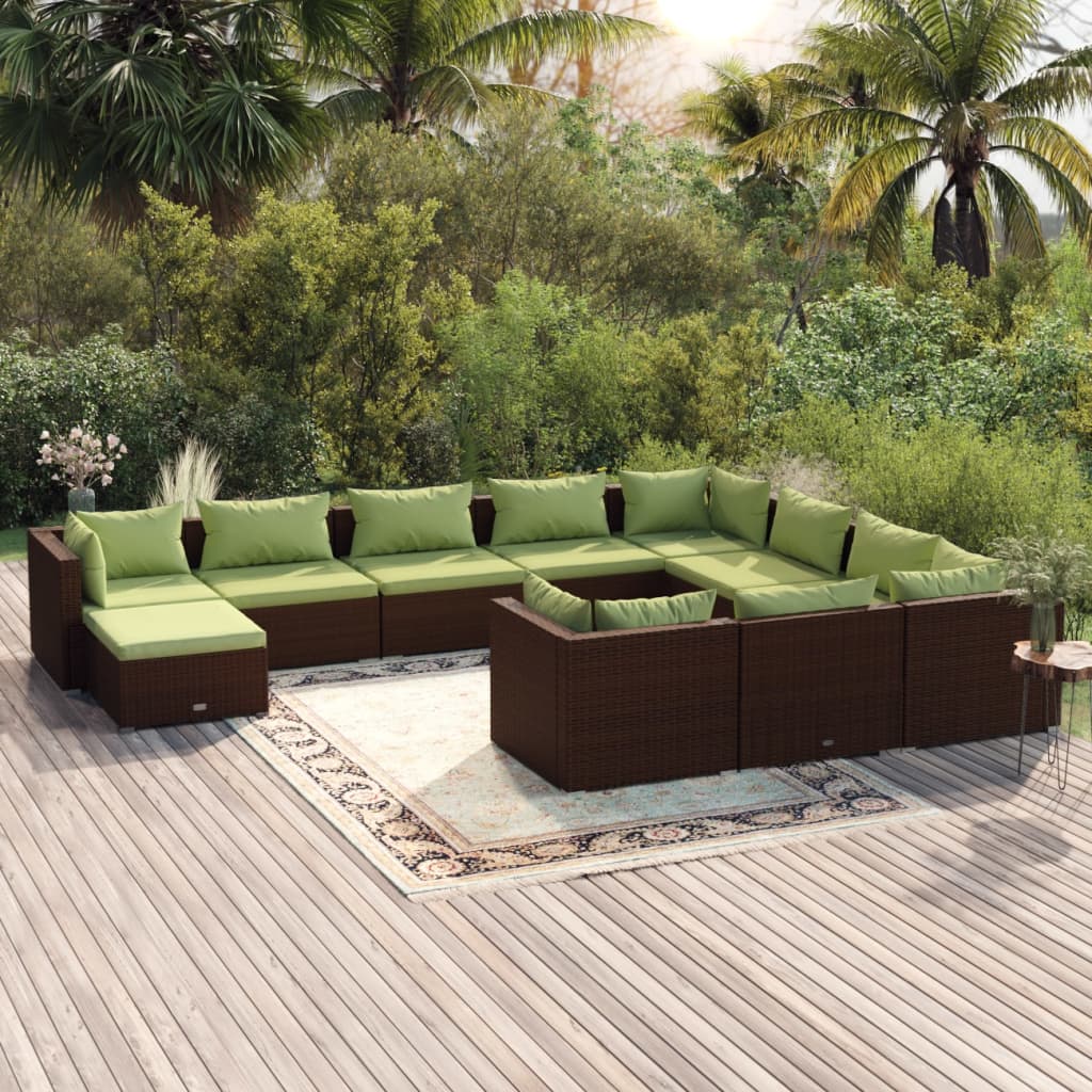 Set muebles de jardín 11 pzas y cojines ratán sintético marrón