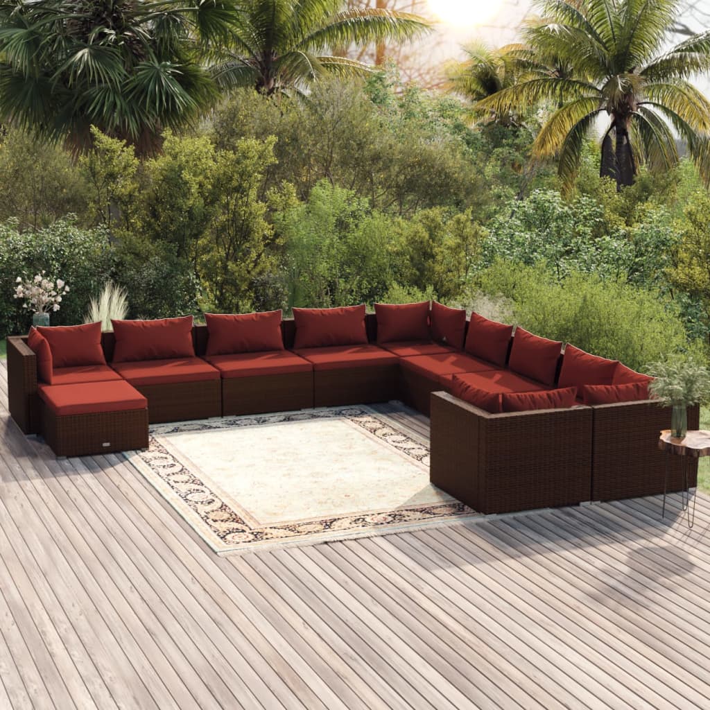 Set muebles de jardín 11 pzas y cojines ratán sintético marrón