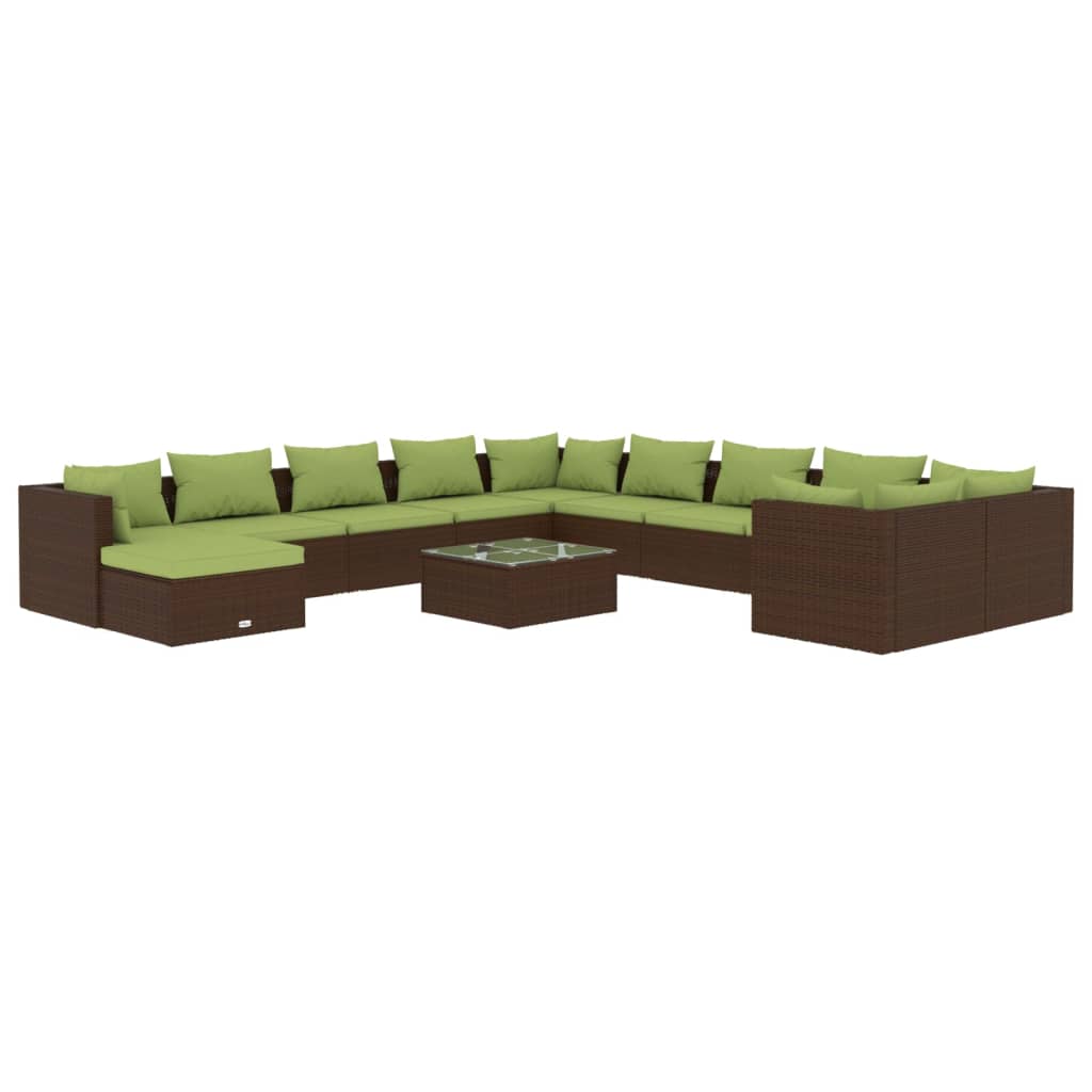 Set muebles de jardín 12 pzas y cojines ratán sintético marrón