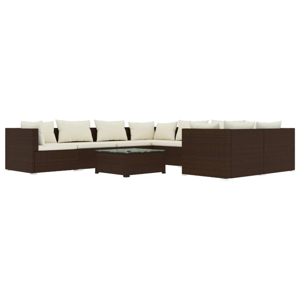 Set muebles de jardín 9 piezas y cojines ratán sintético marrón