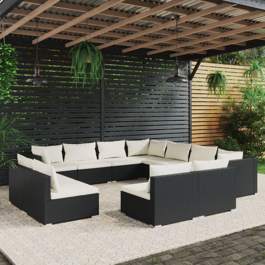 Vetonek Set de muebles de jardín 11 pzas cojines ratán sintético negro