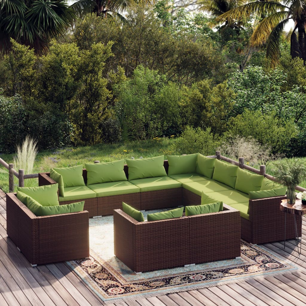 Set muebles de jardín 11 piezas cojines ratán sintético marrón