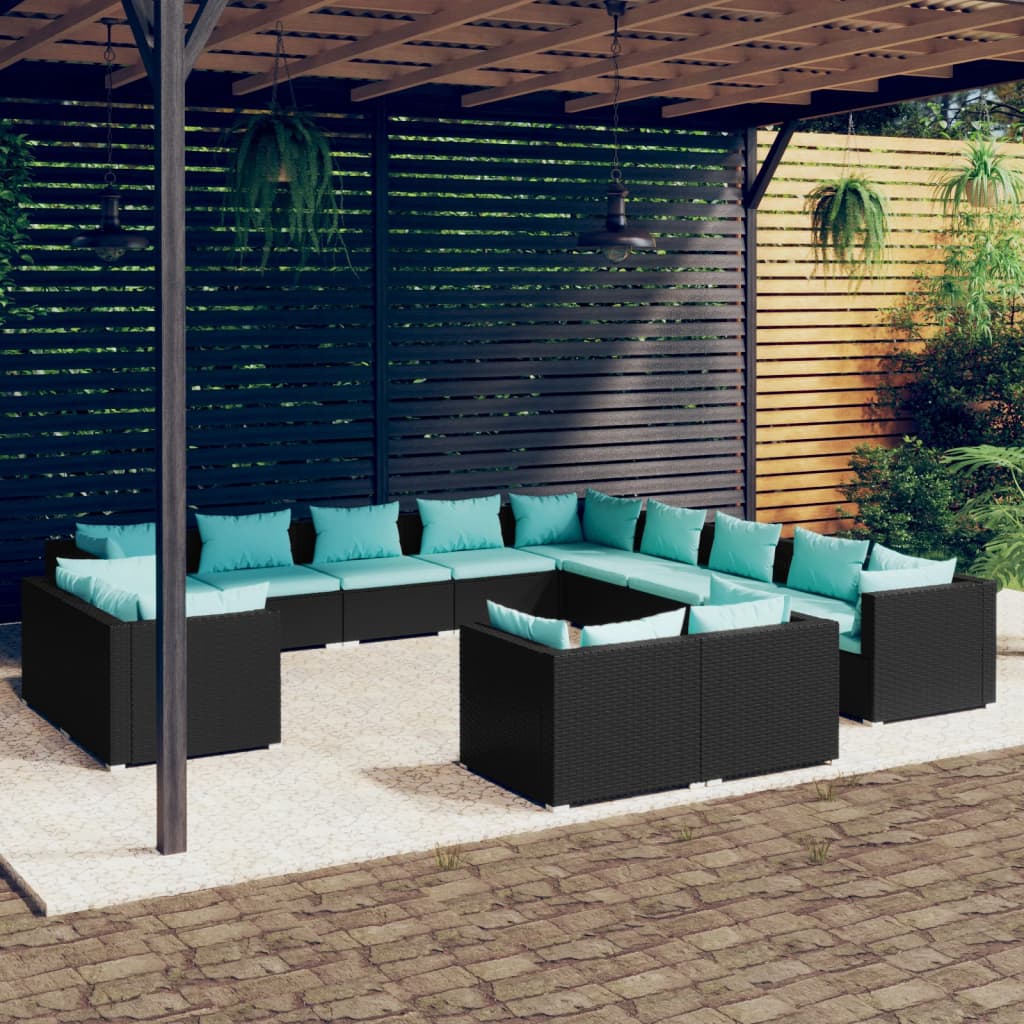 Vetonek Set de muebles de jardín 13 pzas cojines ratán sintético negro