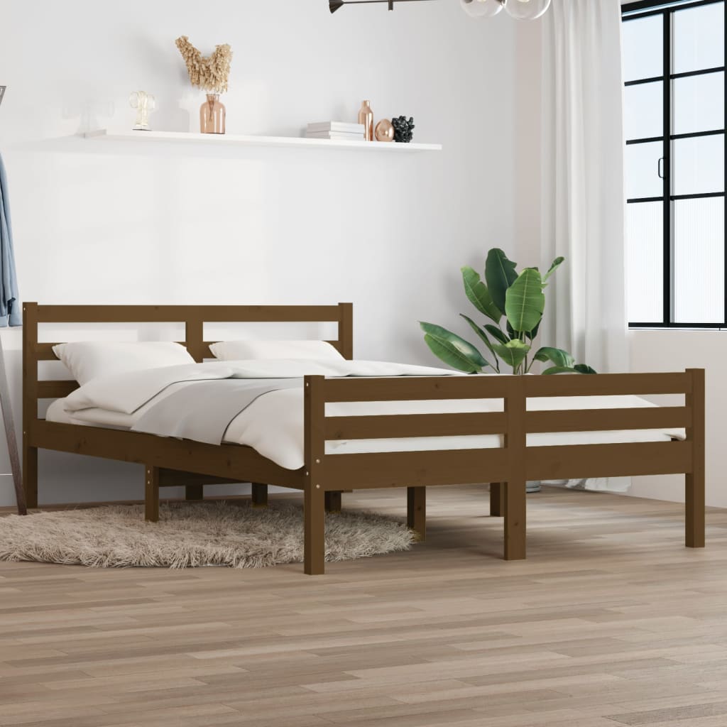 Vetonek Estructura cama sin colchón madera maciza marrón miel 135x190cm