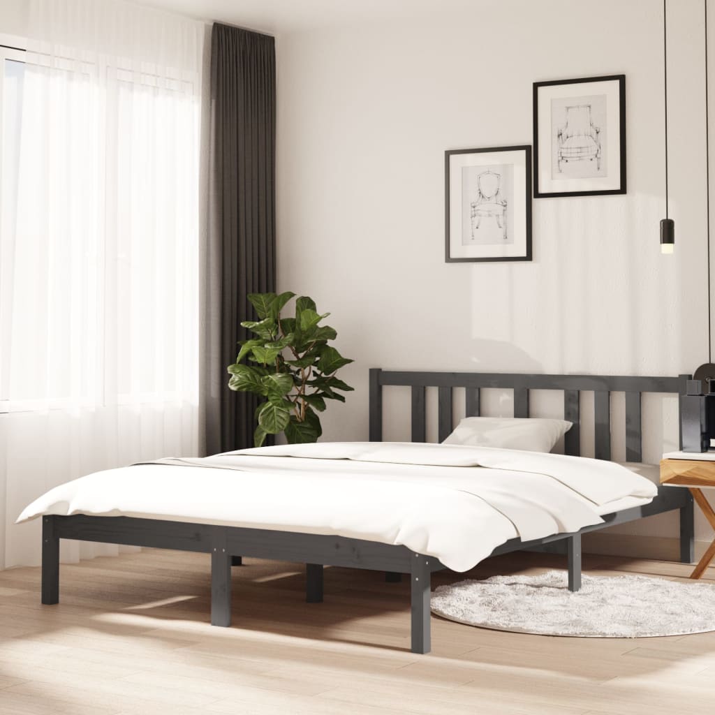 Vetonek Estructura cama doble sin colchón madera maciza gris 135x190 cm