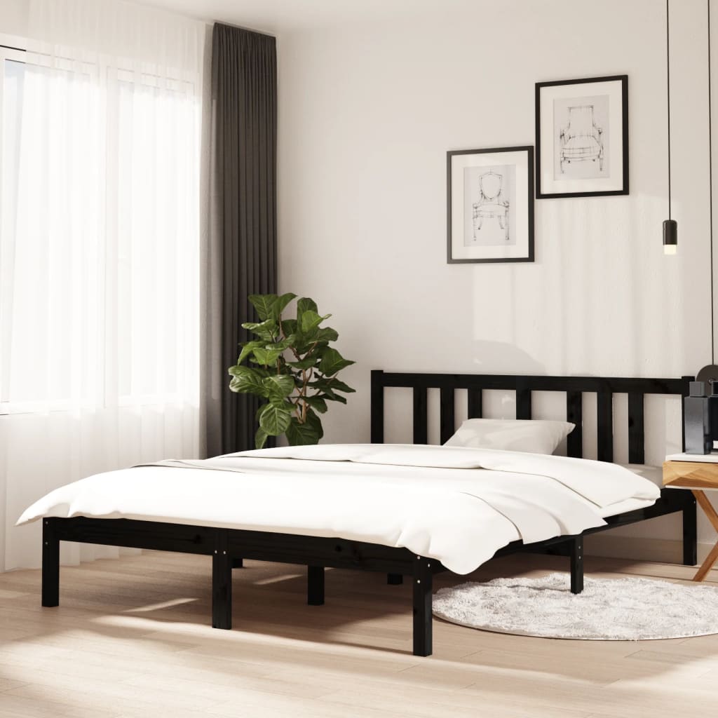 Vetonek Estructura cama doble sin colchón madera maciza negro 135x190cm