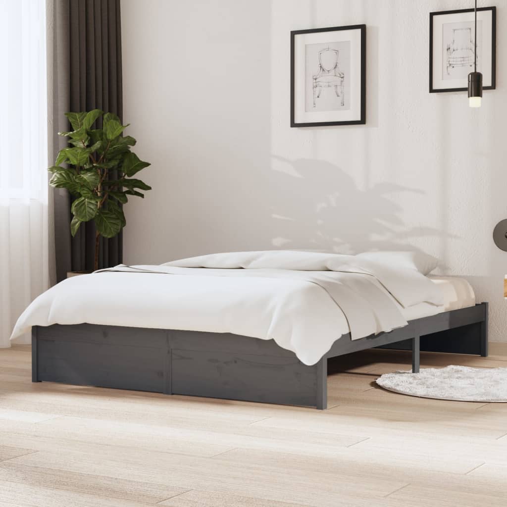 Vetonek Estructura cama doble sin colchón madera maciza gris 135x190 cm