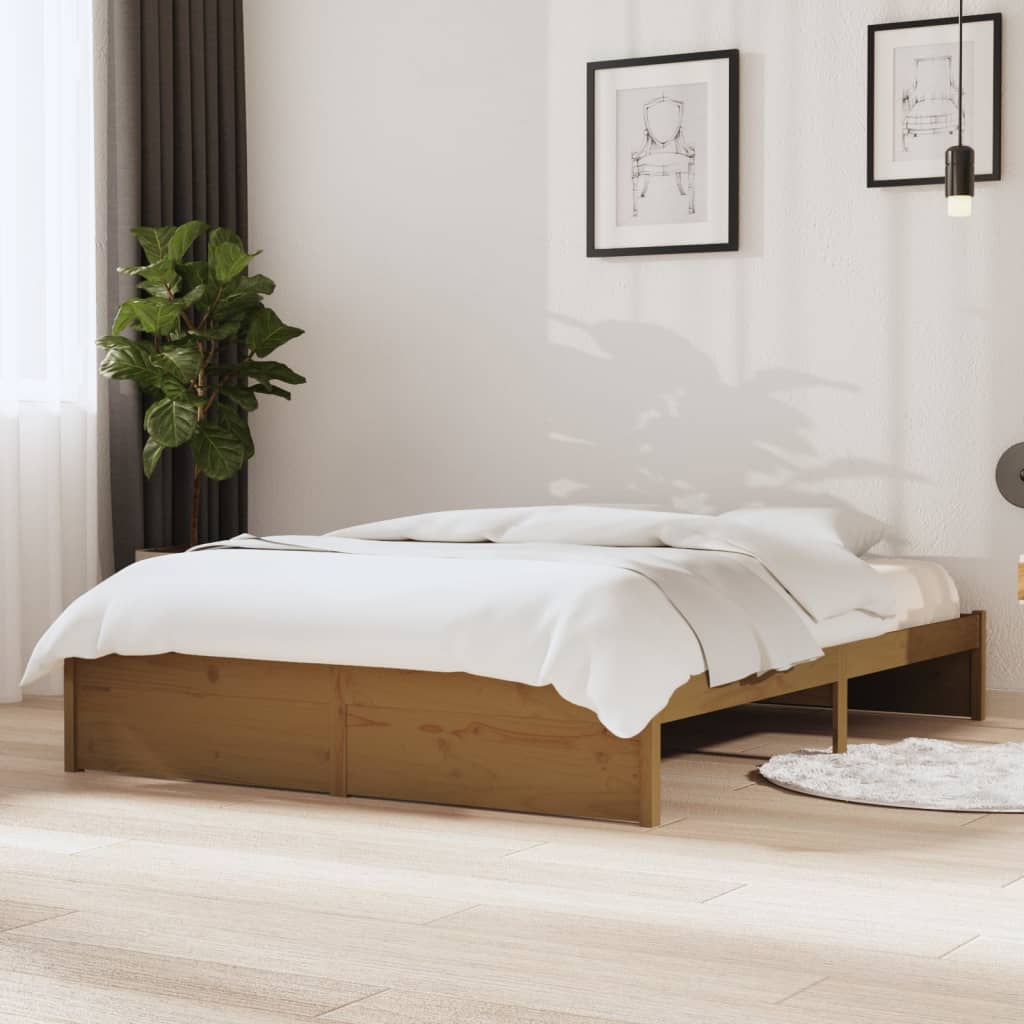 Vetonek Estructura cama sin colchón madera maciza marrón miel 135x190cm