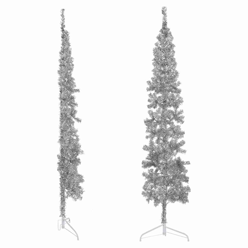 Medio árbol de Navidad artificial con soporte plateado 210 cm