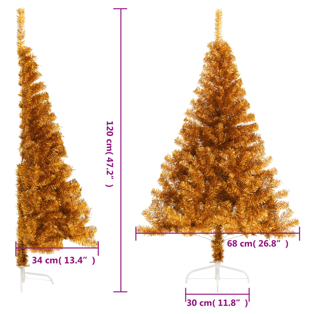 Árvore de Natal meio artificial com suporte de suporte de ouro de 120 cm