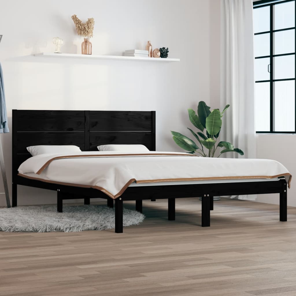 Vetonek Estructura de cama doble madera maciza negra 135x190 cm