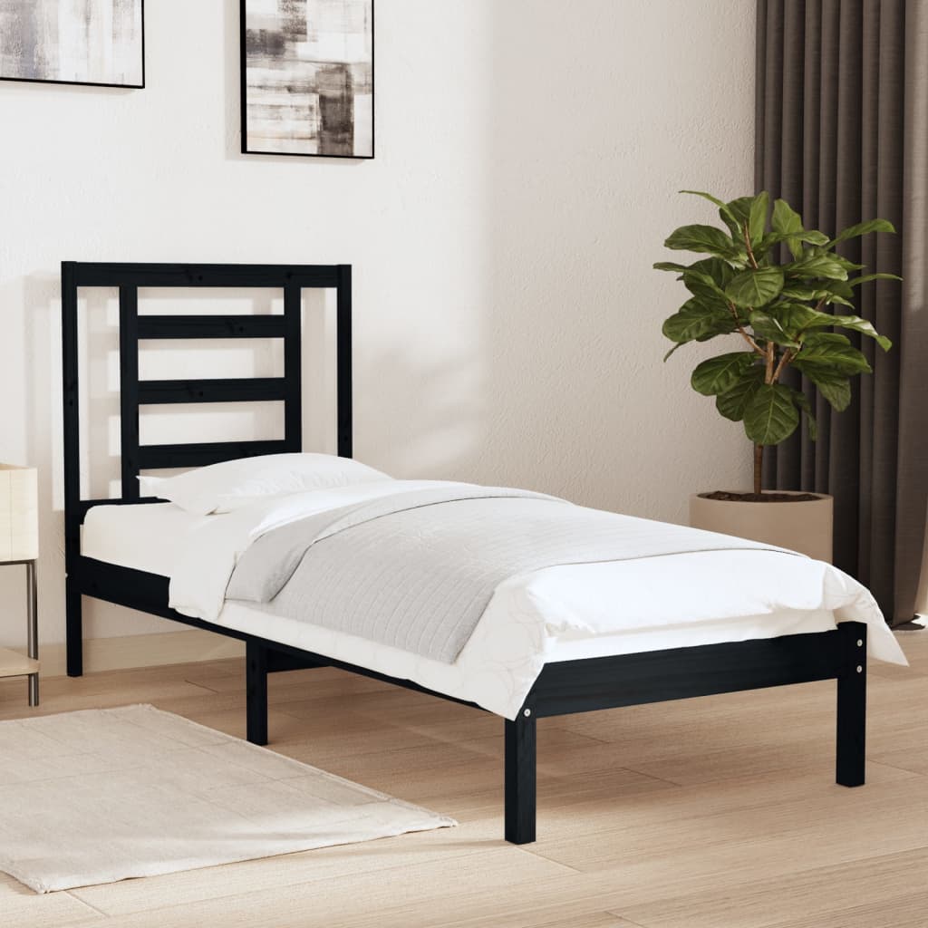 Vetonek Estructura de cama madera maciza individual negra 75x190 cm