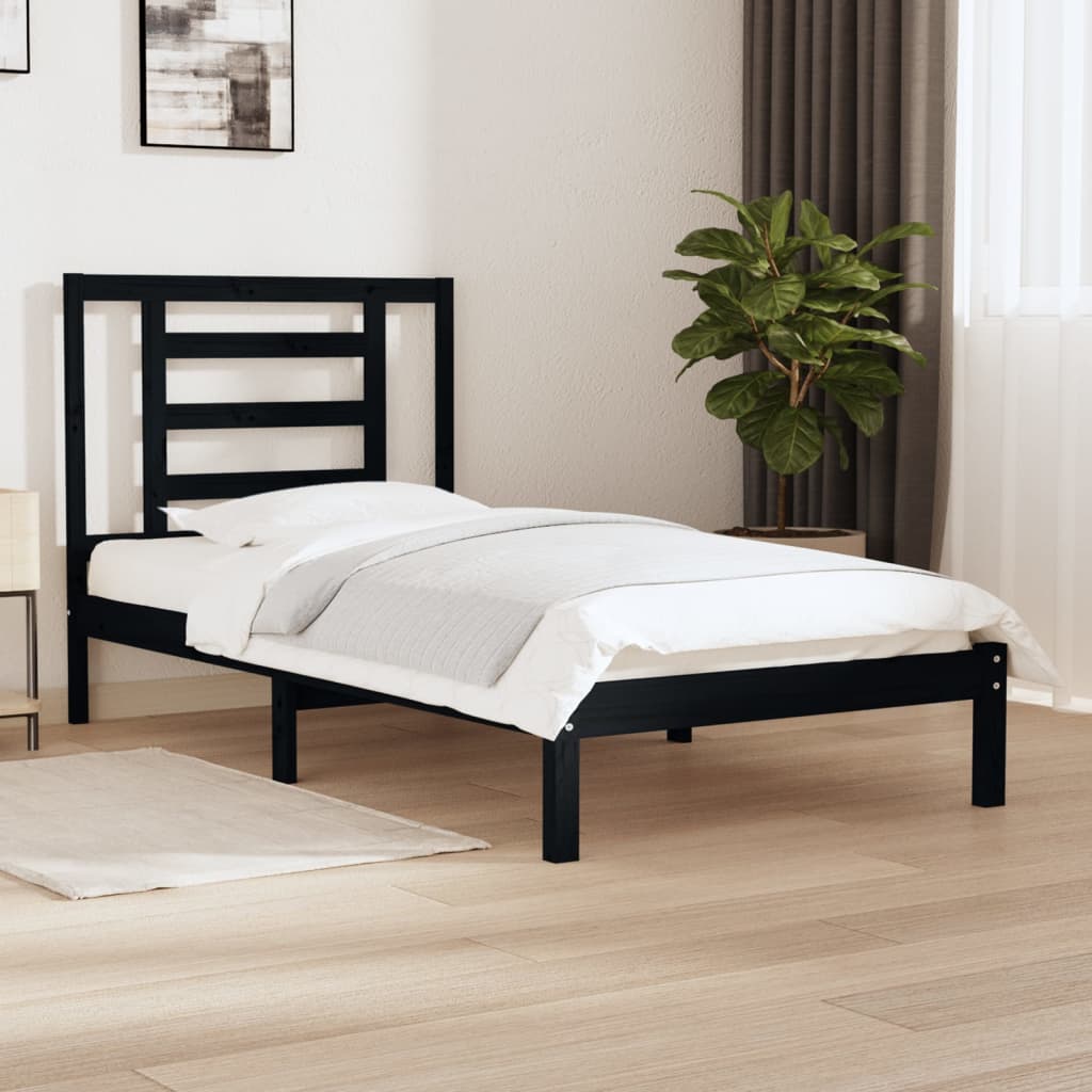 Estructura de cama de madera maciza de pino negra 100x200 cm en dormitorio moderno con decoración minimalista.