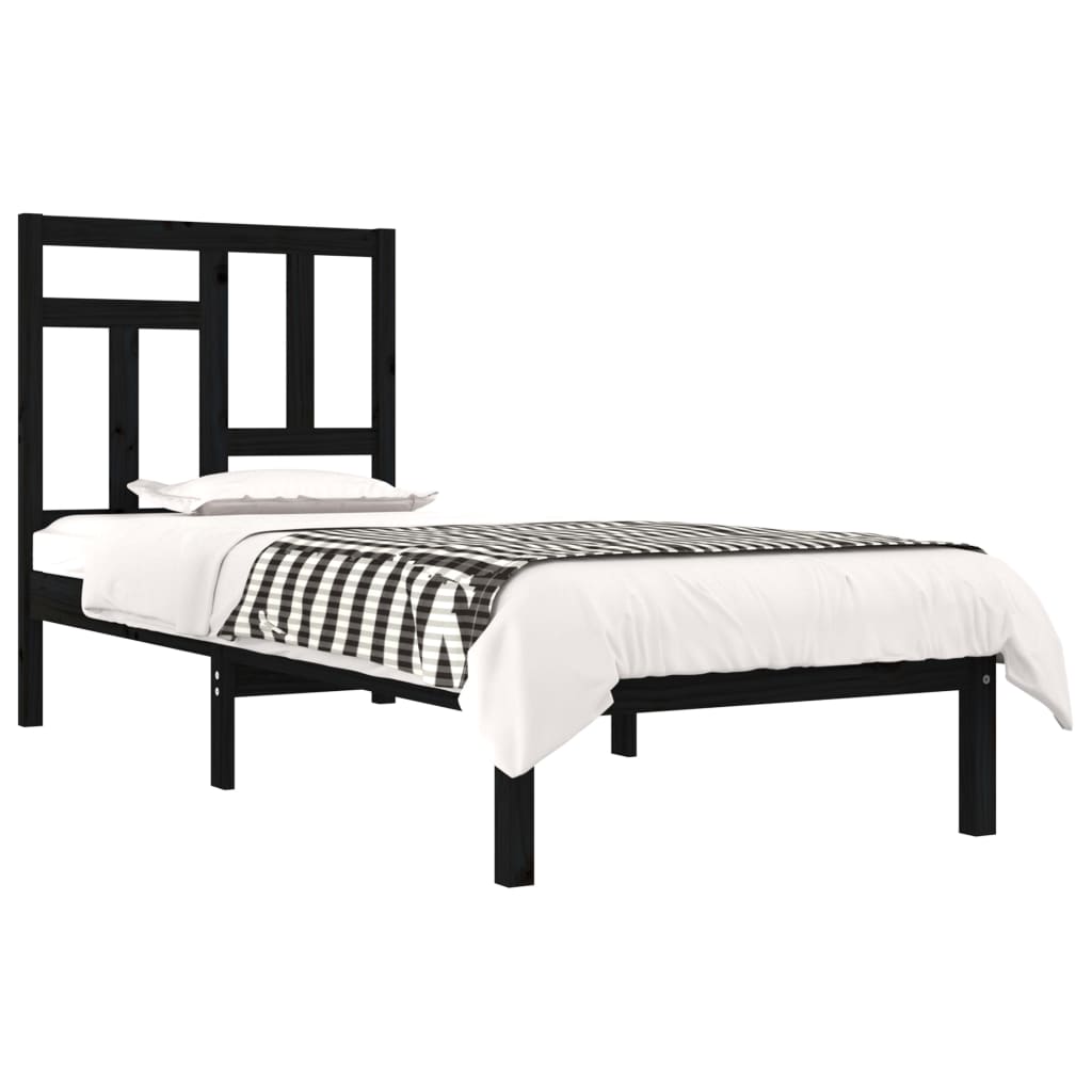 Estructura de cama madera maciza individual negra 75x190 cm V07