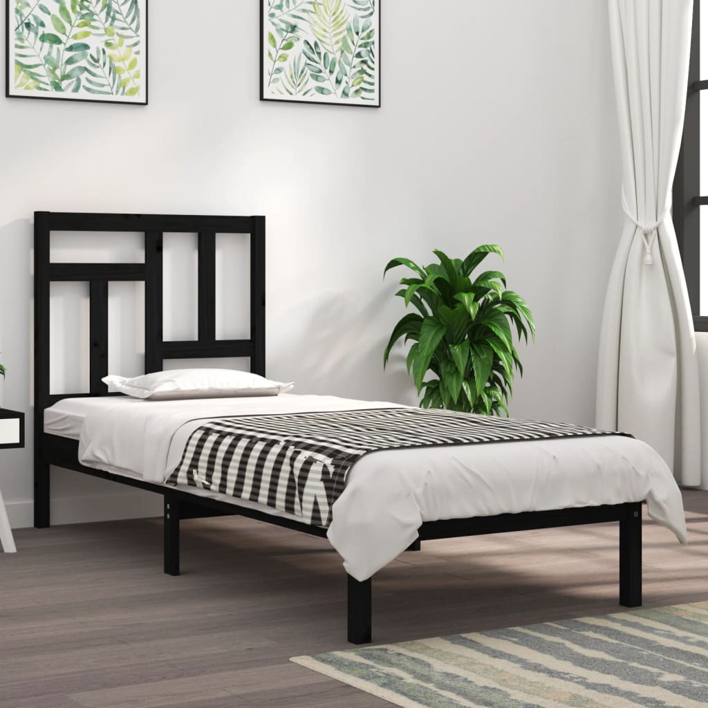 Vetonek Estructura de cama madera maciza individual negra 75x190 cm