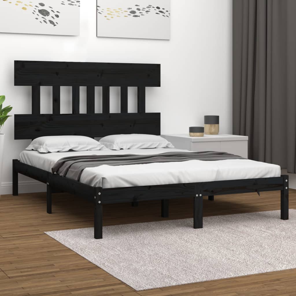 Vetonek Estructura de cama doble madera maciza negra 135x190 cm