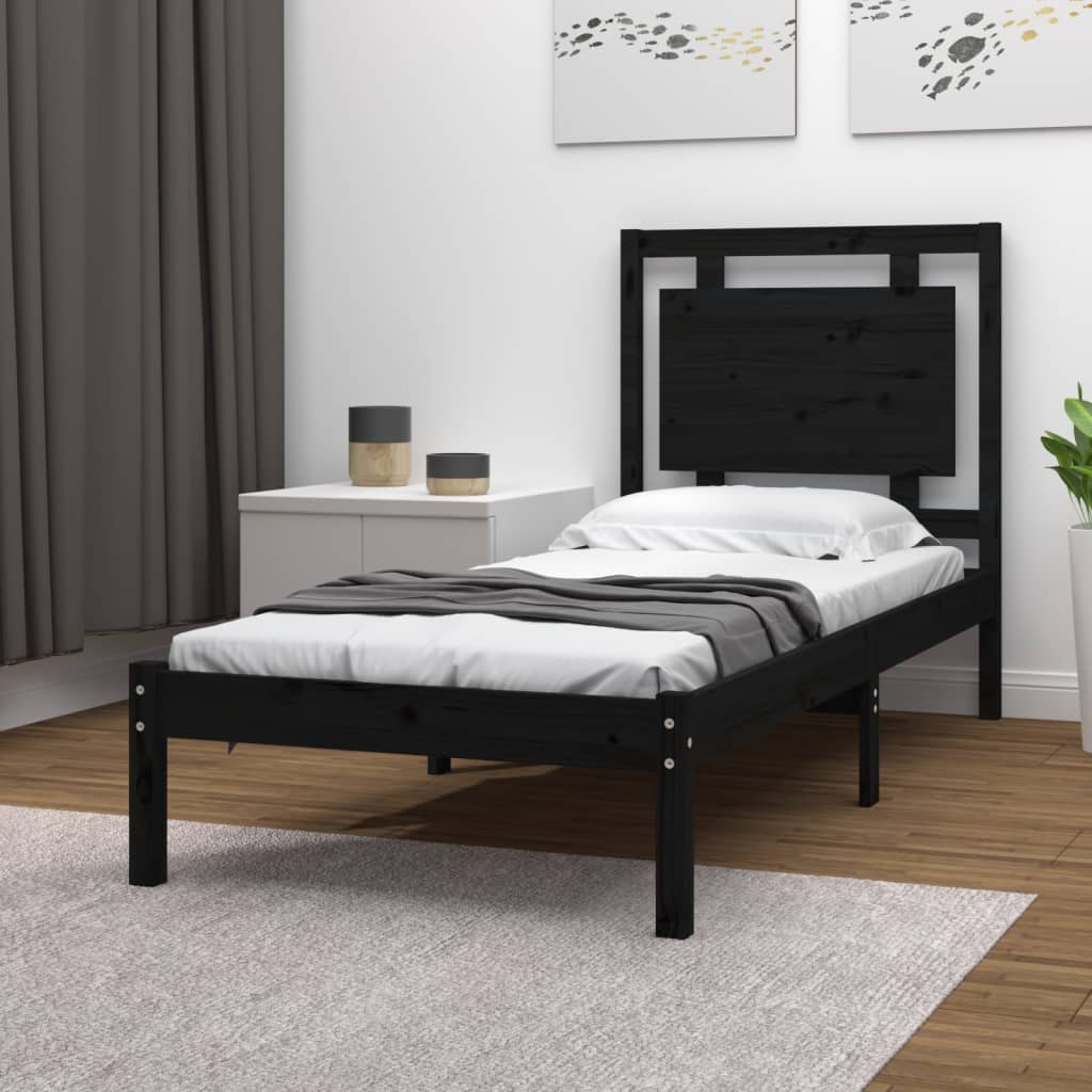 Vetonek Estructura de cama madera maciza individual negra 75x190 cm