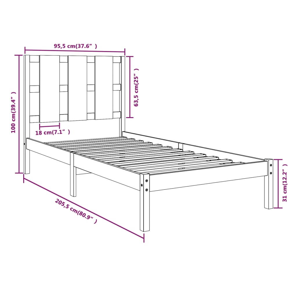 Estructura de cama sin colchón madera maciza de pino 90x200 cm v3270 - Vetonek